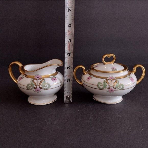 W A Pickard Handpainted China Art Nouveau Style Pink Floral Gold Sugar Creamer - Picture 10 of 10
